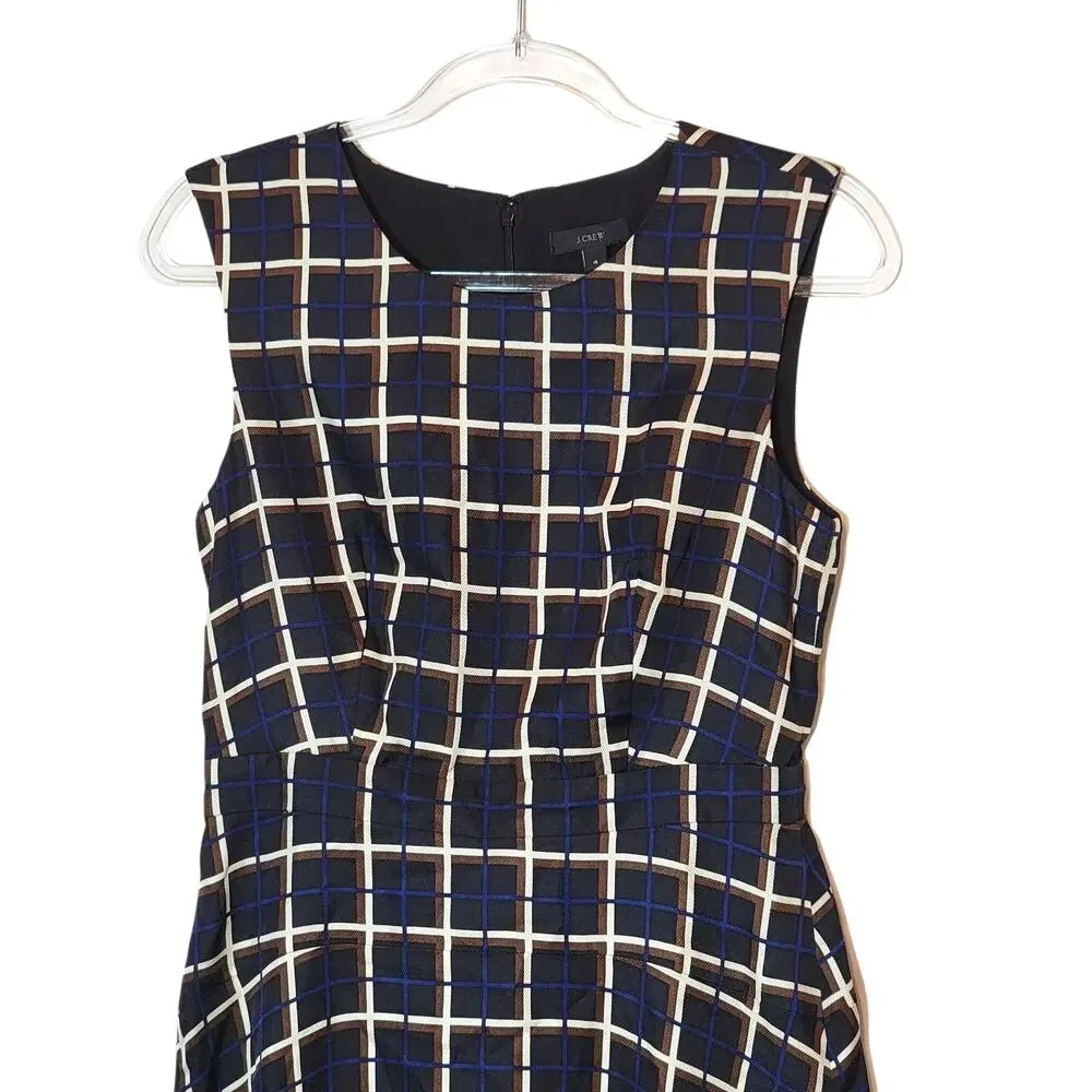 J.Crew Silk Windowpane A-Line Midi Dress Black Tan Navy Jewel Neck Classic 4 NWT
